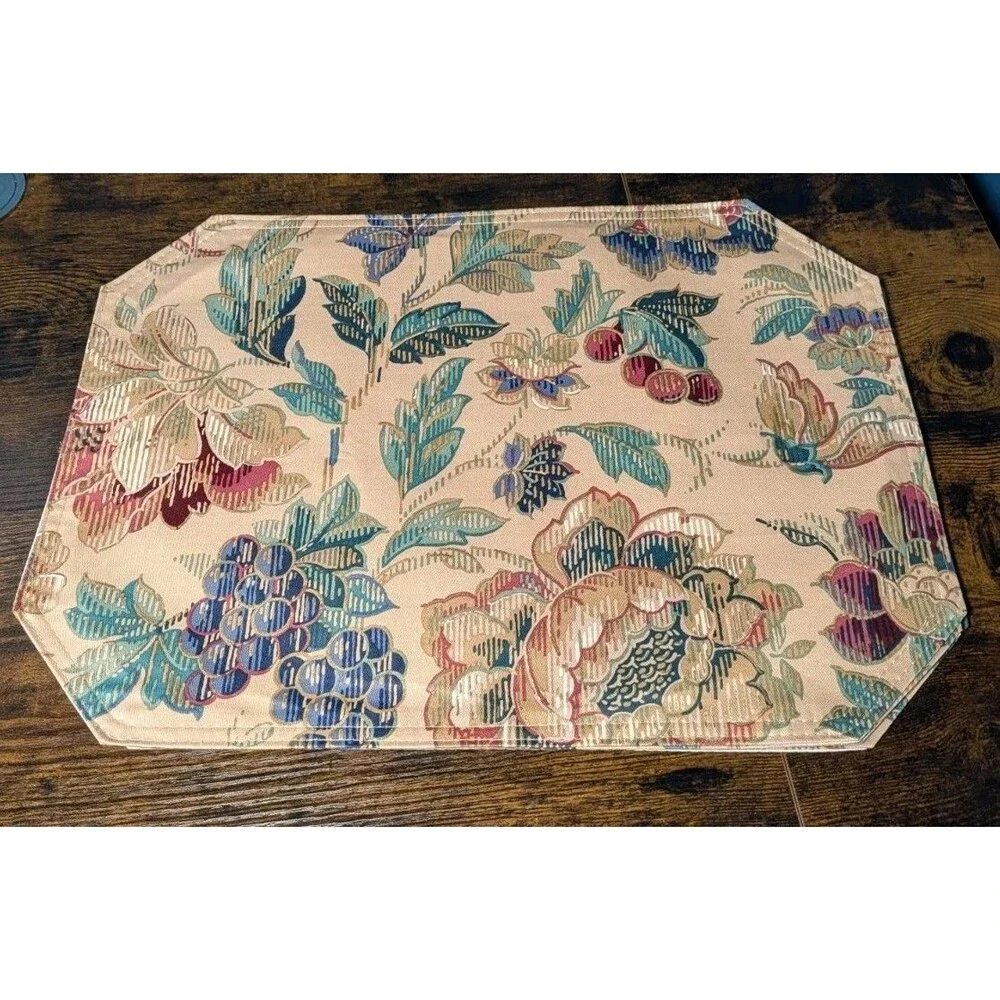 Granny Chic Placemats Victorian Style Floral Grapes Tan Gold Plum Set Of 4